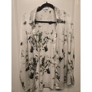 Fashion Nova Womens Plus 1X Floral Button Down Blouse White Green Satin Top